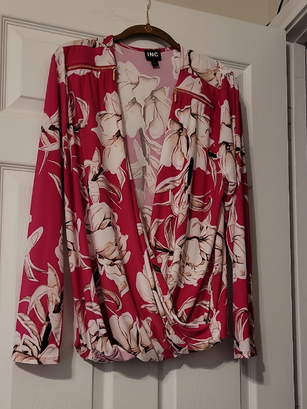 INC International Concepts Hot Pink Floral Draped Front Blouse